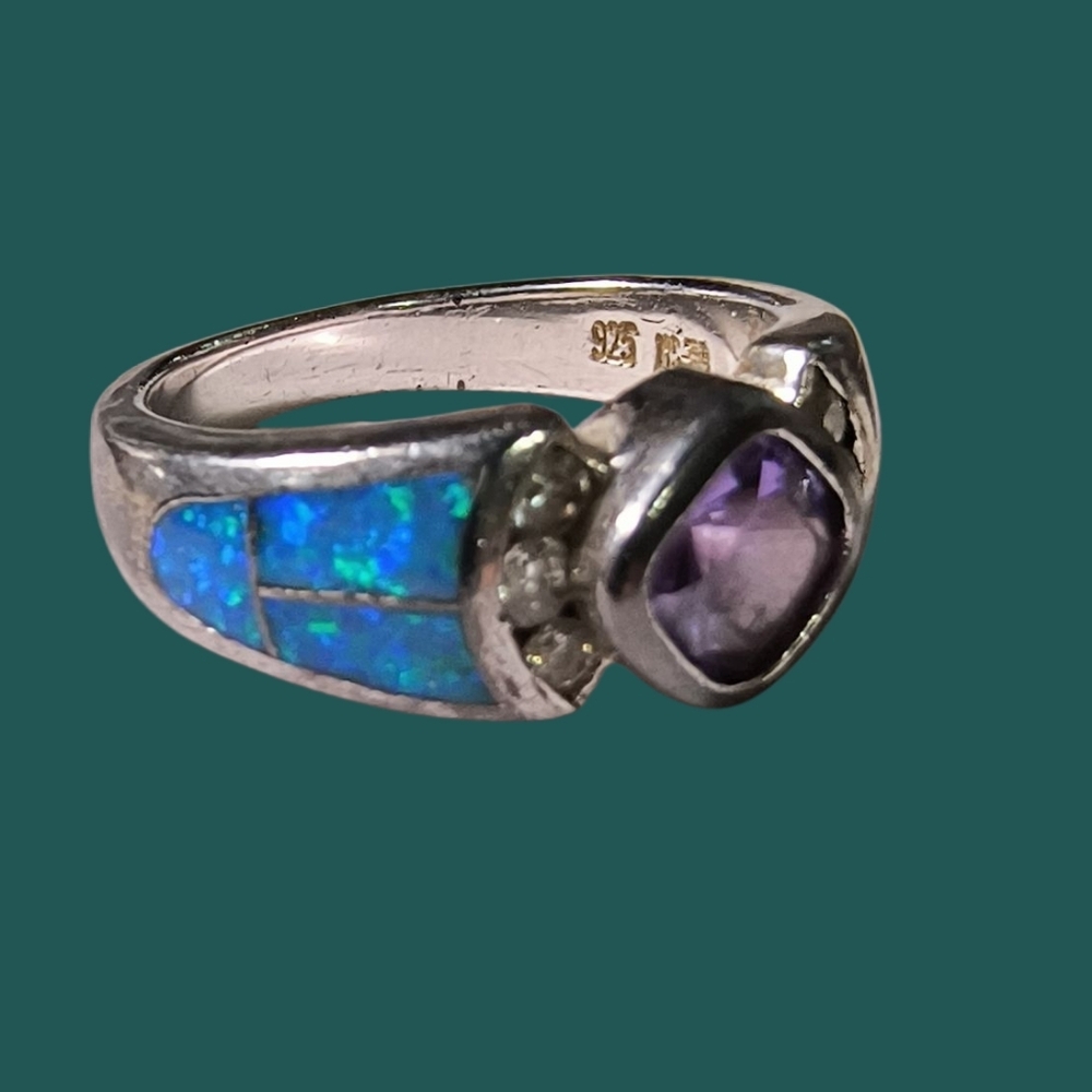 Blue Opal & Amethyst Ring With CZ Accents In Sterling Silver